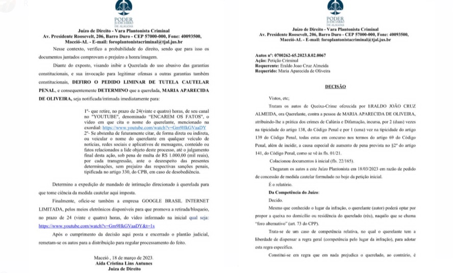 Decisão da juíza plantonista Aida Cristina Lins Antunes, do TJ de Alagoas